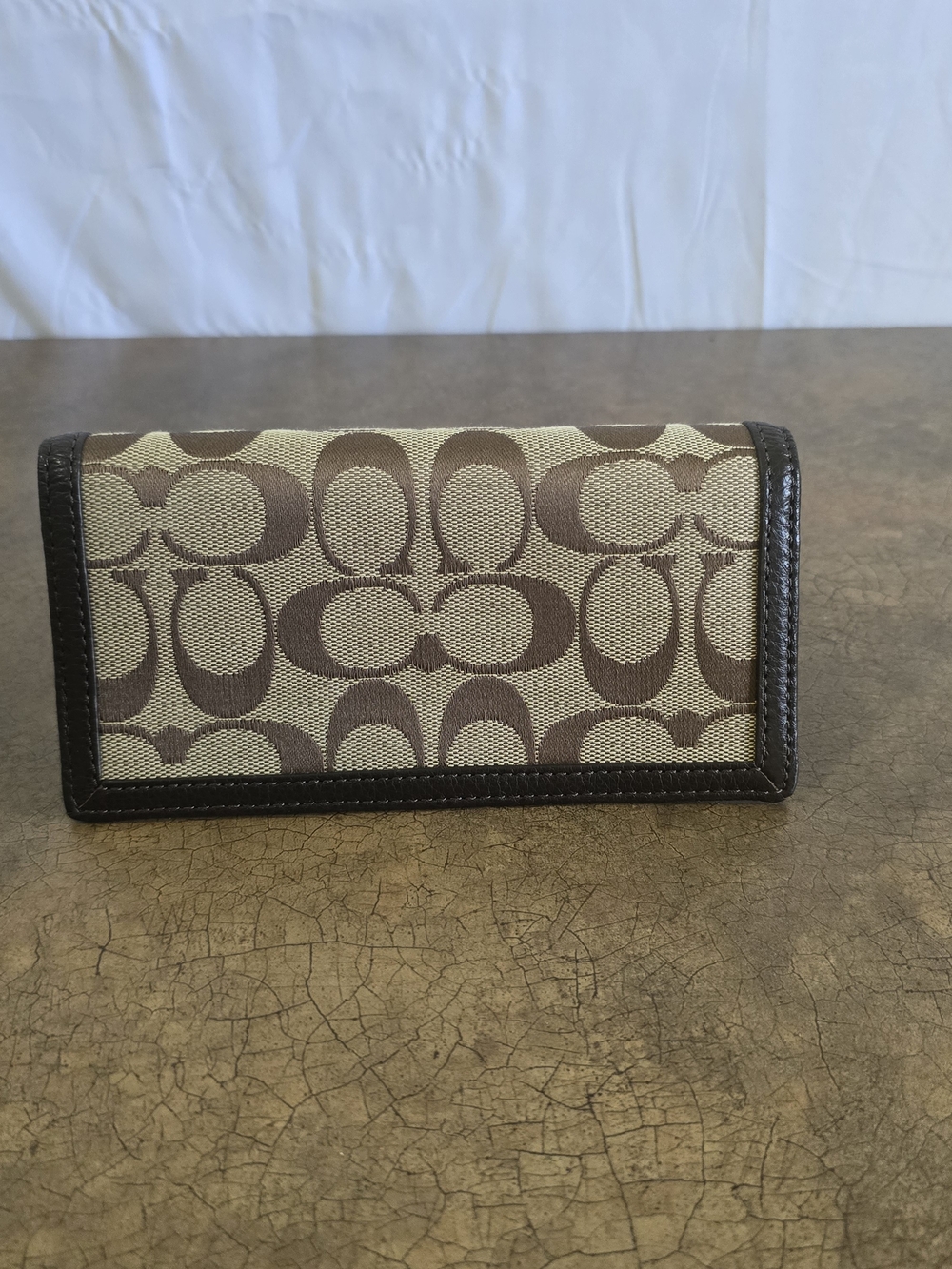 Coach Checkbook Cover Signature Tan/Brown Jacquard Fabric Leather Trim 6.5x3.5”